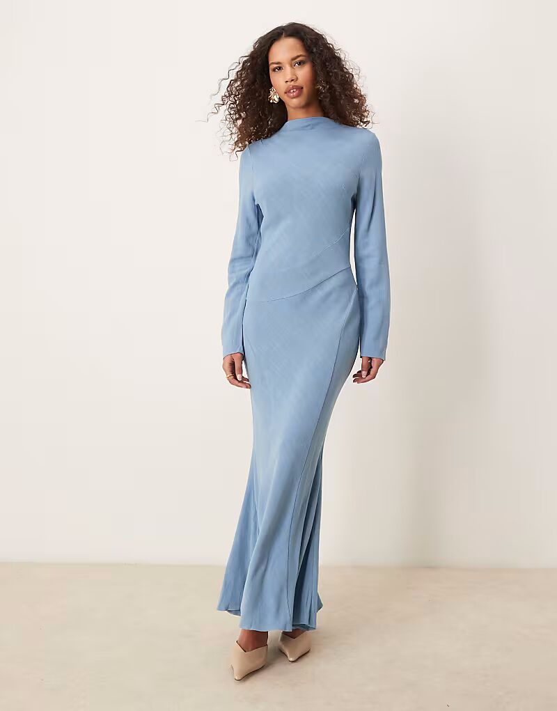 

Длинное платье из льна ASOS DESIGN с высоким воротом и отделкой швом из выцветшего денима