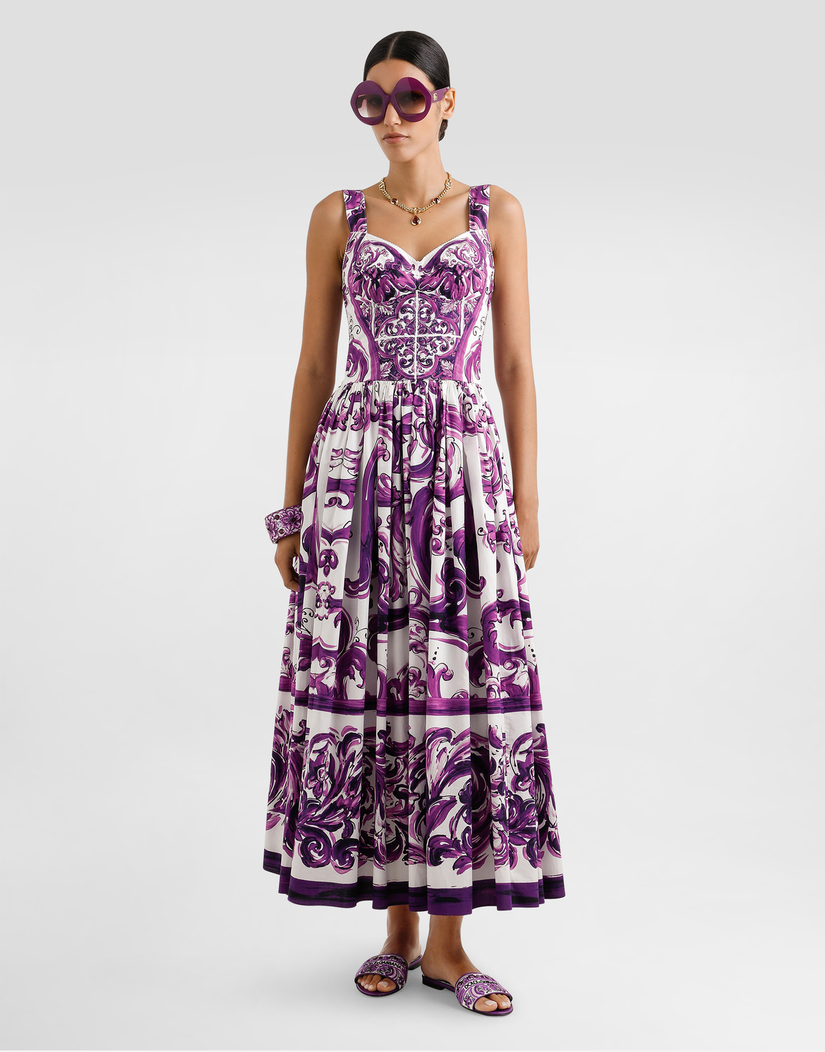 Длинное платье из поплина с принтом «майолика» Dolce & Gabbana, мультиколор — фото 2