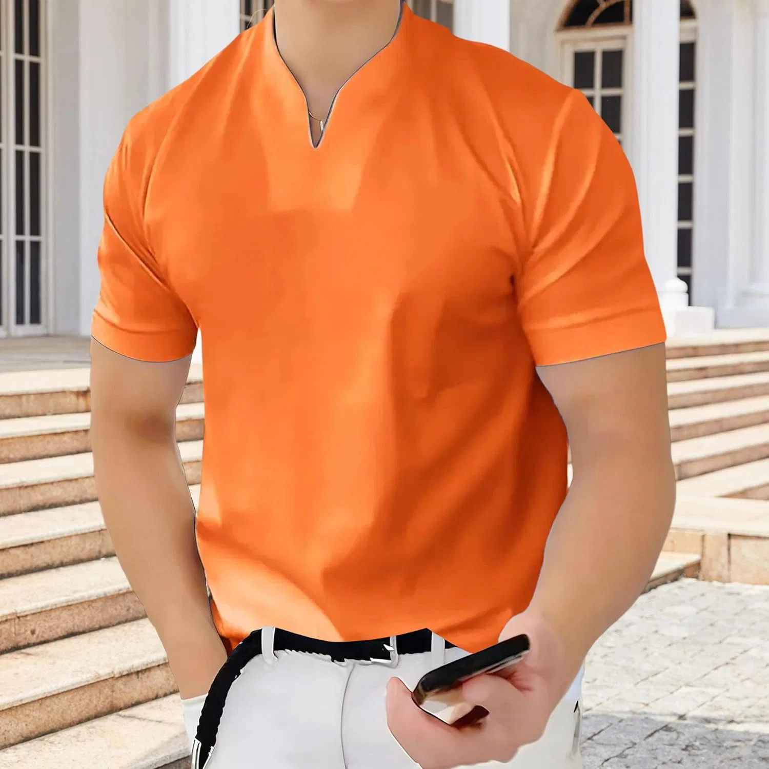 Футболка мужская спортивная с V-образным вырезом, Generic, цвет Tangerine Orange — фото 2
