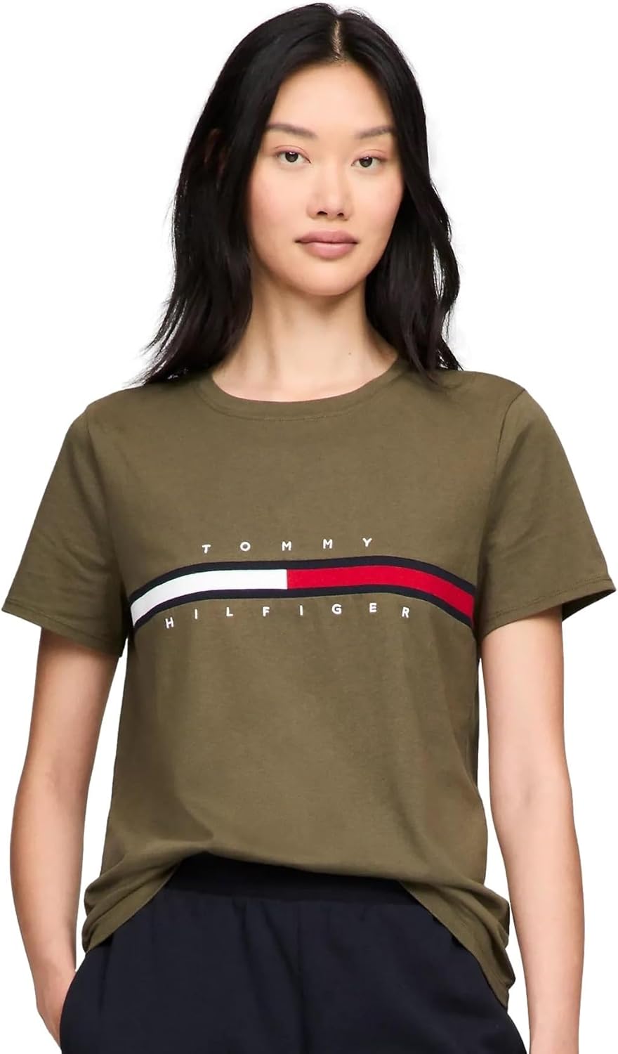 

Женская футболка с полосатым логотипом Tommy Hilfiger, Embroidered-Flag Army Green., Зеленый, Женская футболка с полосатым логотипом Tommy Hilfiger, Embroidered-Flag Army Green.