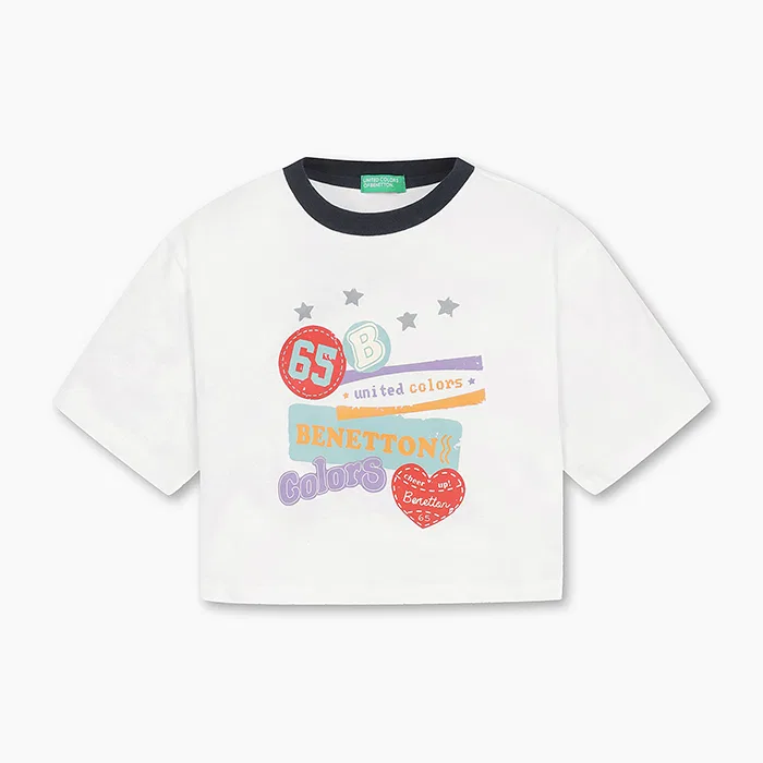 Детская укороченная футболка с графическим принтом белая от Benetton Kids