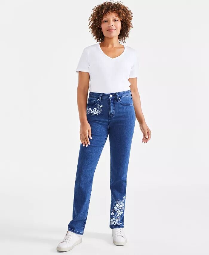 

Джинсы Petite Straight Leg с высокой посадкой и вышивкой Style & Co, синий
