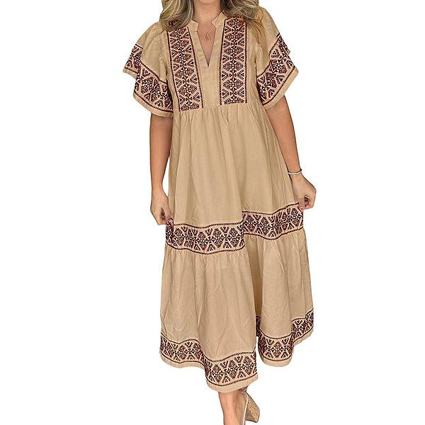 

Женское повседневное платье макси с коротким рукавом и v-образным вырезом Clearflower, Khaki