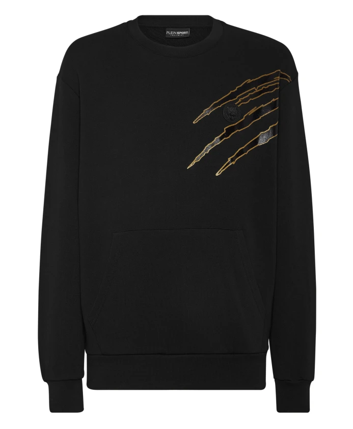 

Хлопковая толстовка с круглым вырезом, ламинированная ткань, царапина Plein Sport, черный