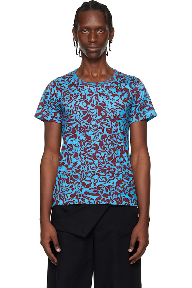 

Dries Van Noten Хлопковая приталенная футболка синего и бордового цвета