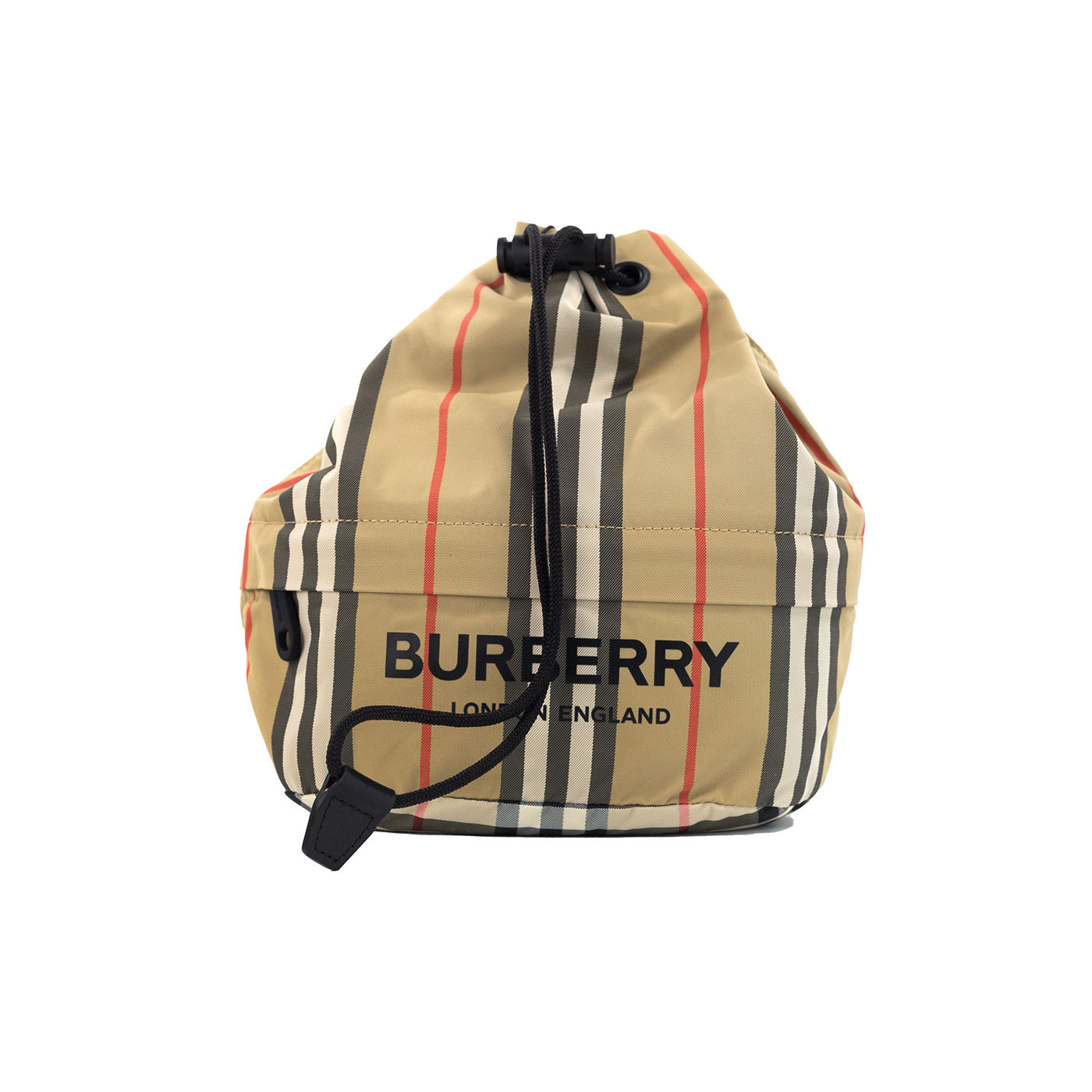 

Сумка-ведро из бежевого нейлона с завязками на шнурке Phoebe Heritage Stripe Burberry