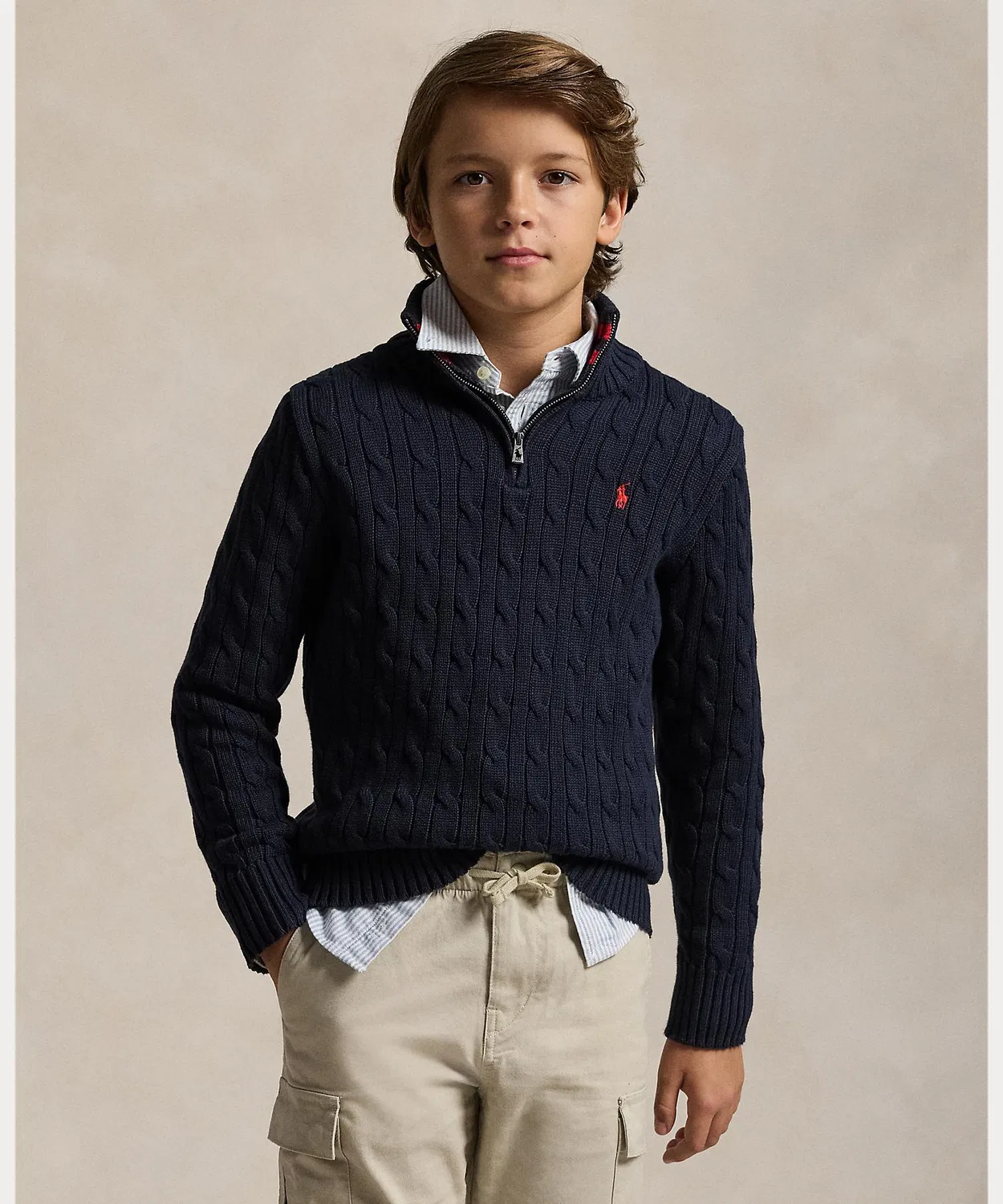 Свитер с косами хлопковый Polo Ralph Lauren с четверть-застежкой, темно-синий