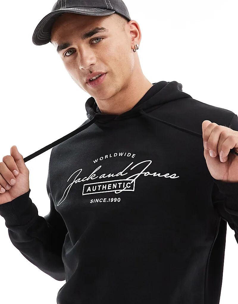 

Толстовка с капюшоном и логотипом в черном цвете Jack & Jones