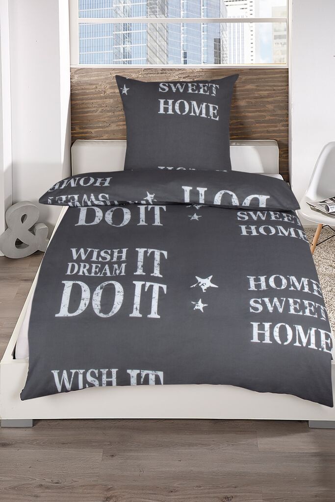 

Постельное белье HOME SWEET HOME антрацит Renforcé 100% хлопок 135х200 пододеяльник + наволочка 80х80 на молнии (2 шт.) MB Warenhandel24