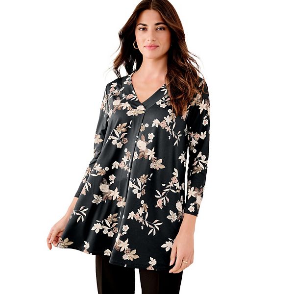 

Блузка с V-образным вырезом и резинкой для женщин plus size Roaman'S, Black Batik Vines