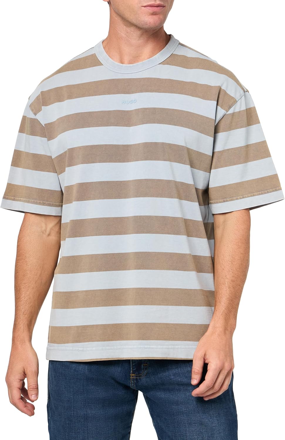 

Мужская хлопковая футболка HUGO с маленьким логотипом в полоску, Dust Blue, Синий, Мужская хлопковая футболка HUGO с маленьким логотипом в полоску, Dust Blue