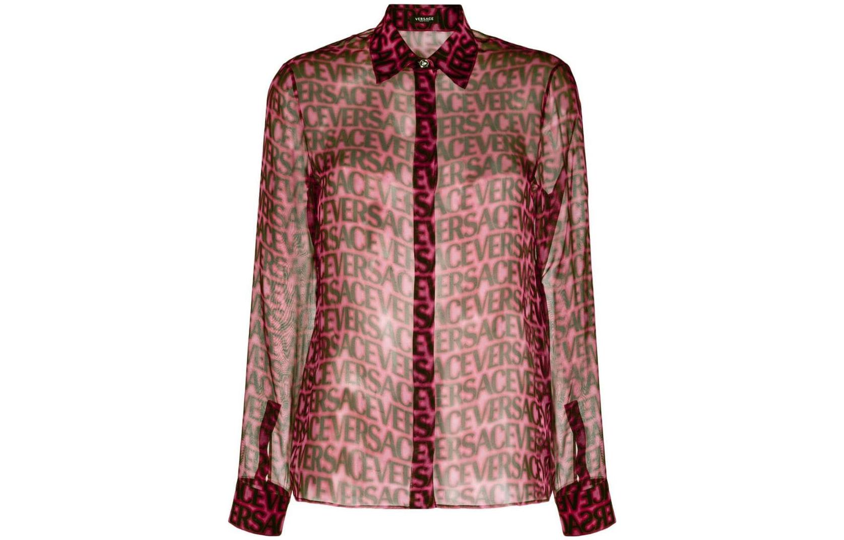 Полупрозрачная шелковая рубашка с логотипом VERSACE, черный — фото 3