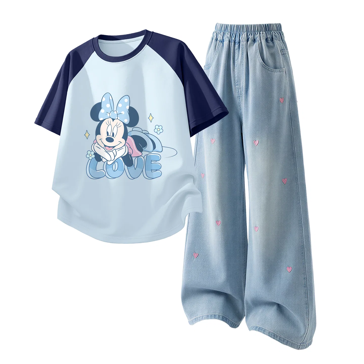 Детская повседневная спортивная футболка с круглым вырезом Disney, Di Tianyin Blue White+Solid Color Denim Light Blue