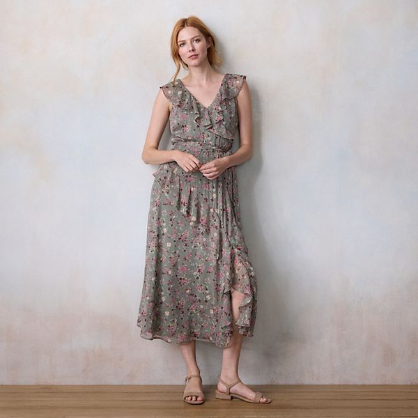 

Женское асимметричное платье макси с рюшами Lc Lauren Conrad, Olive Flutter Floral