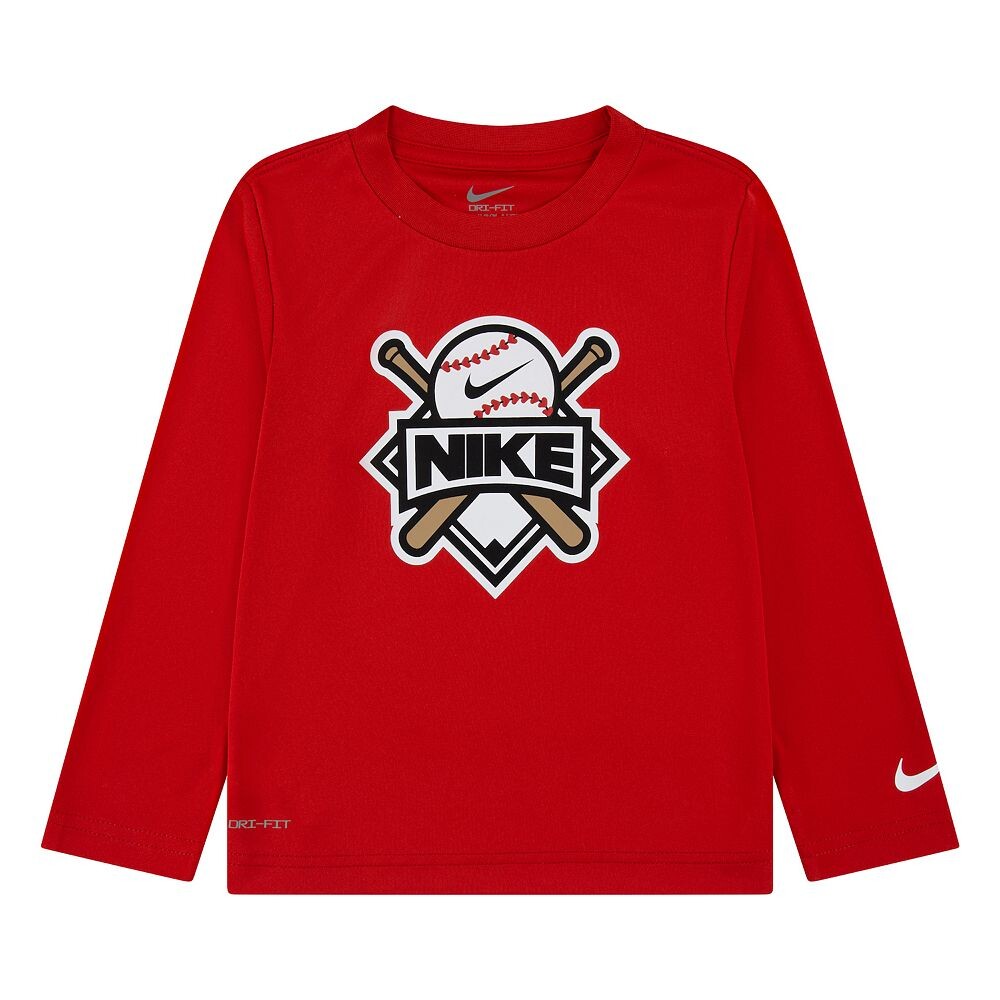 

Футболка Nike Dri-FIT Sports Badge с длинными рукавами для мальчиков и девочек для малышей и малышей, красный