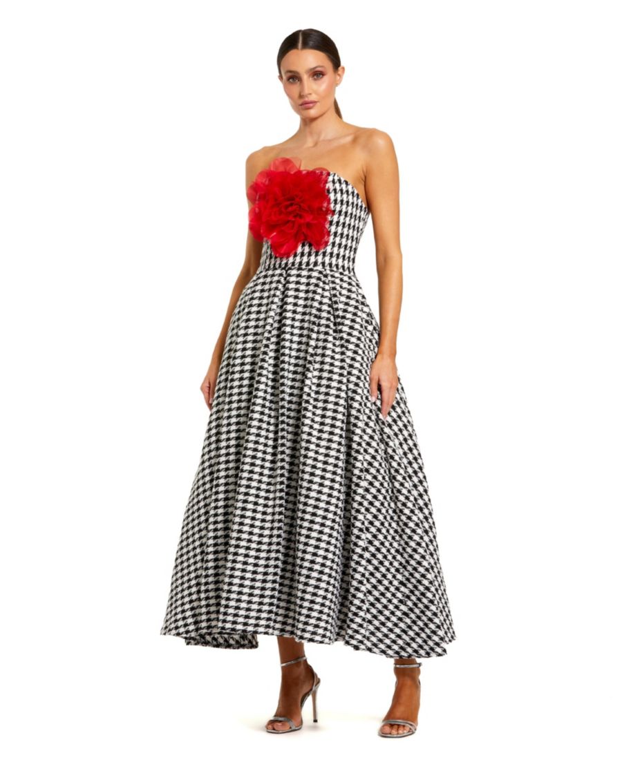 

Женское миди-платье без бретелей из букле А-силуэта с объемным цветочным принтом Mac Duggal, Black white