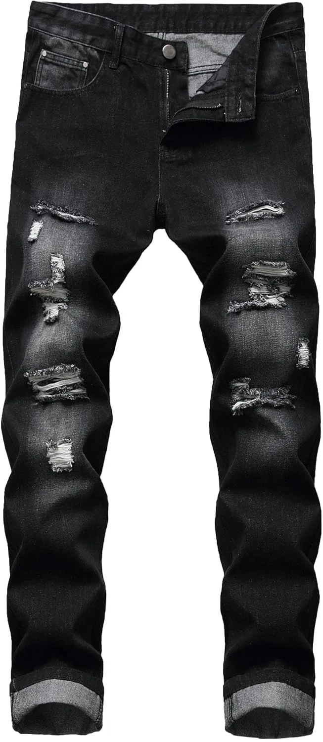 Джинсы прямые рваные, Slim Fit, Black