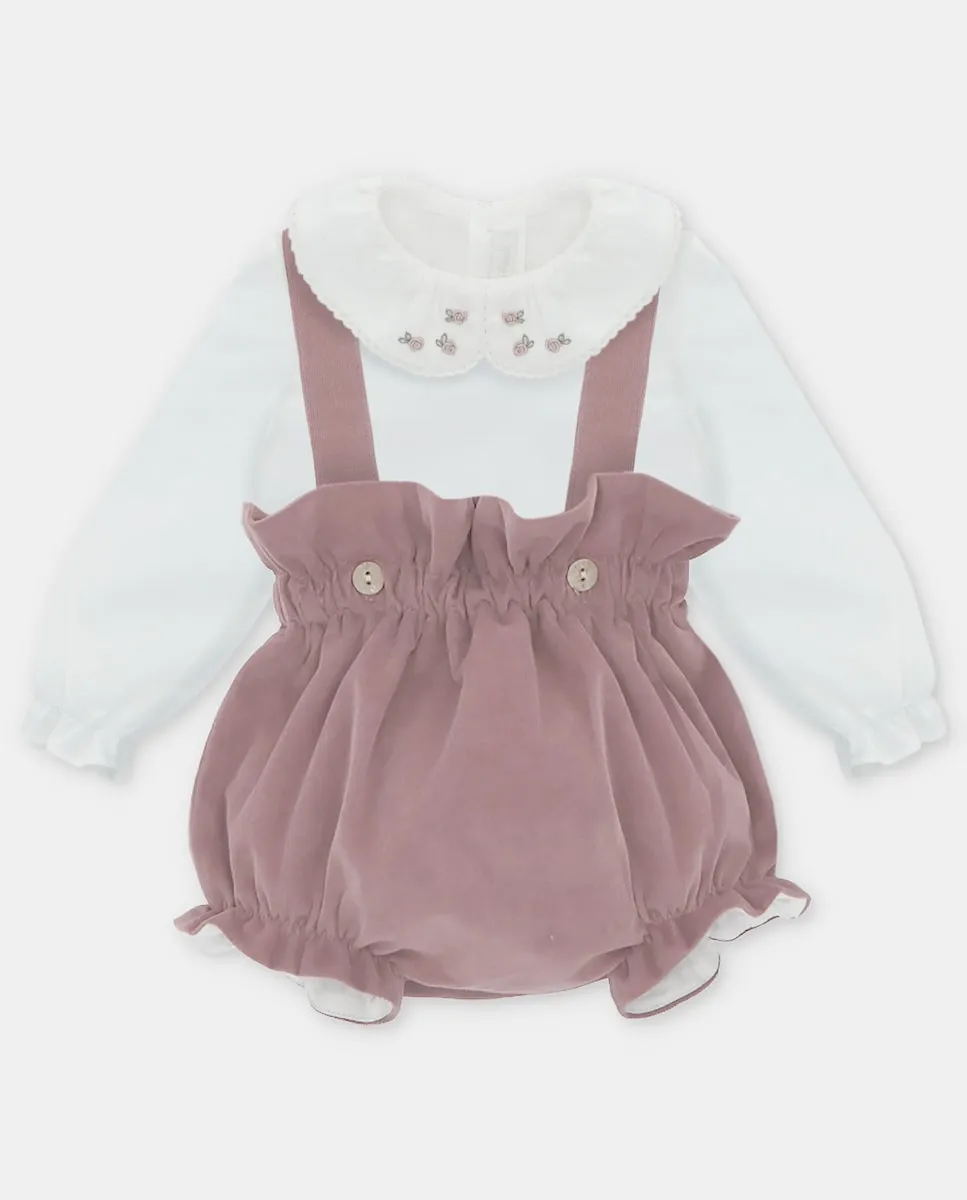 

Комплект для младенца блузка натурального цвета и трусики на бретелях из микровельвета цвета пурпур Martín Aranda