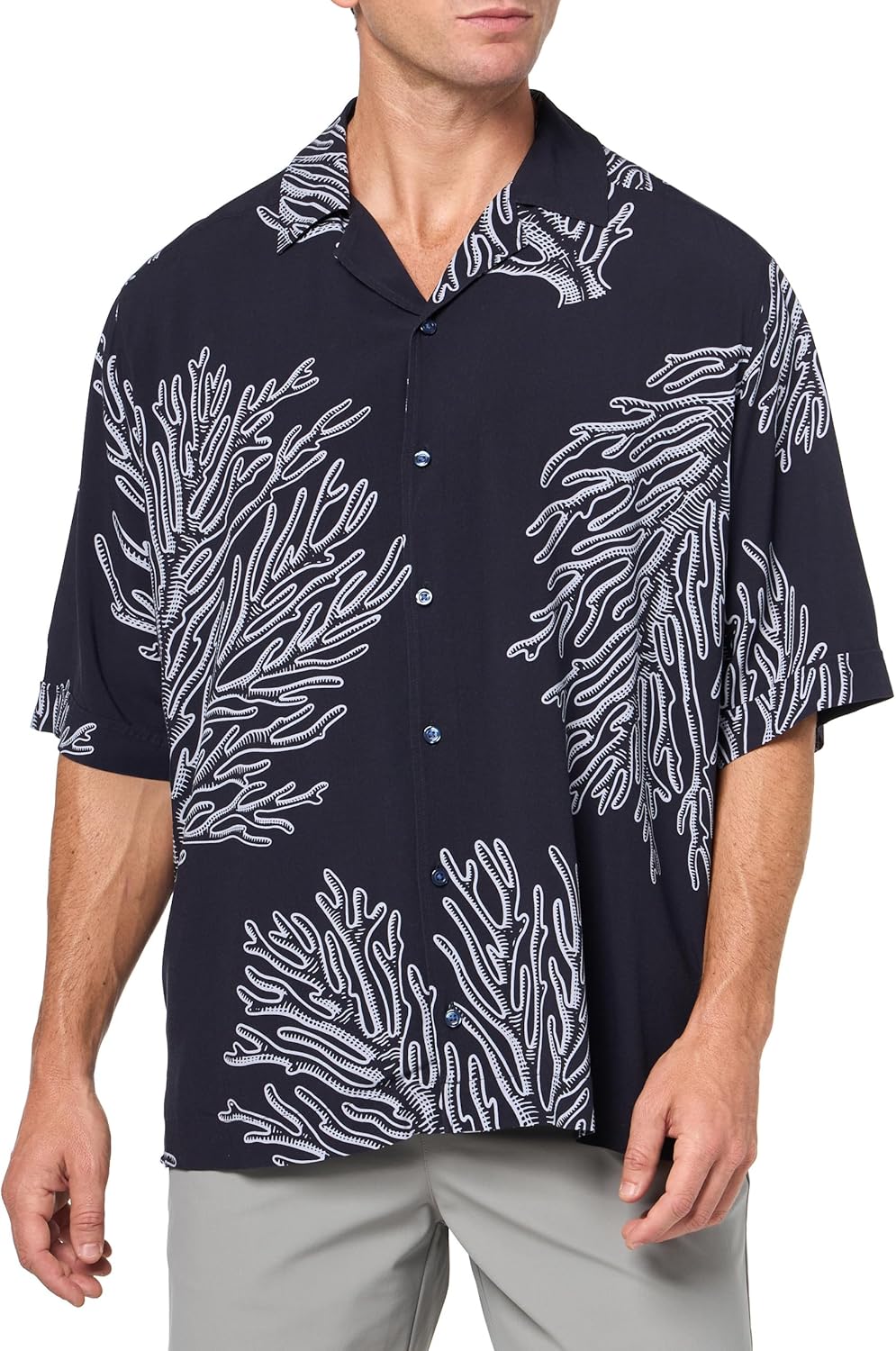 

BOSS Мужская вискозная рубашка с коротким рукавом и принтом на пуговицах, Premium Navy