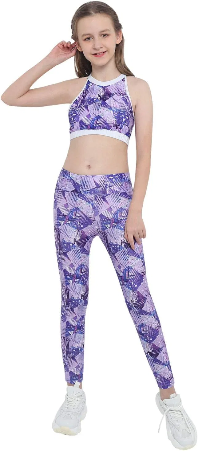 Спортивный комплект для девочек, танцевальный топ и леггинсы, Hansber, Purple Geometric Pat