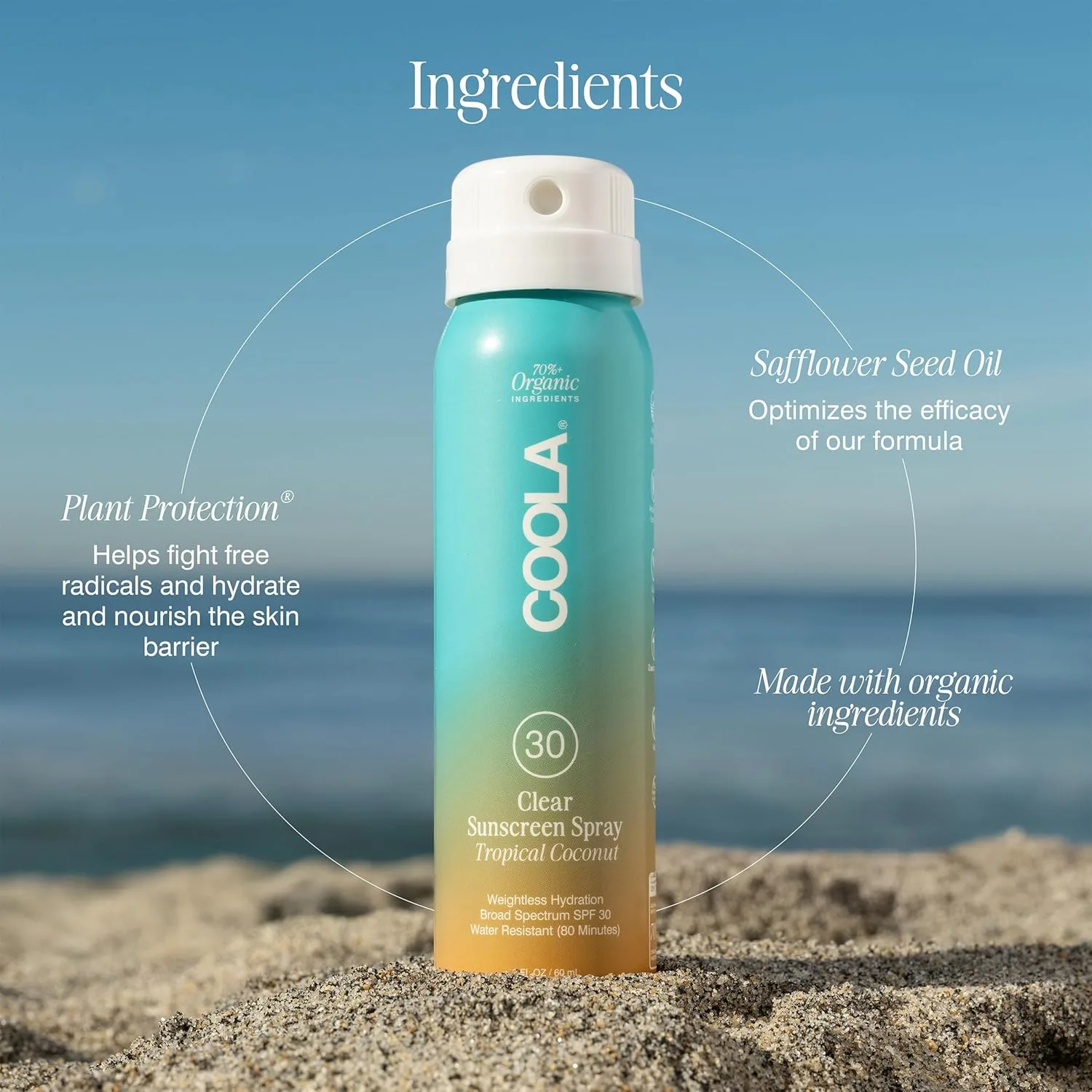 Солнцезащитный спрей COOLA Organic Sunscreen SPF 30, протестирован дерматологами, обеспечивает ежедневную защиту кожи, подходит для веганов и не содержит глютена, аромат тропического кокоса. 59 мл (1 шт.) — фото 4