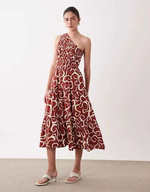 

Коричневое платье миди на одно плечо Nothing's Child Cecilia с абстрактным принтом