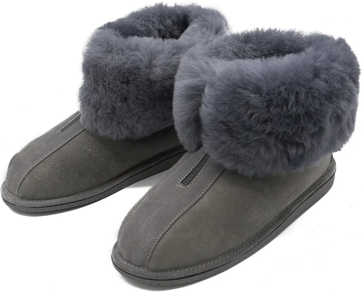 Hollert Женские и мужские тапочки из овечьей кожи, модель Alaska Grey Hut, меховые туфли на молнии, 100% мериносовая овчина для комфорта, теплые, дышащие — фото 3