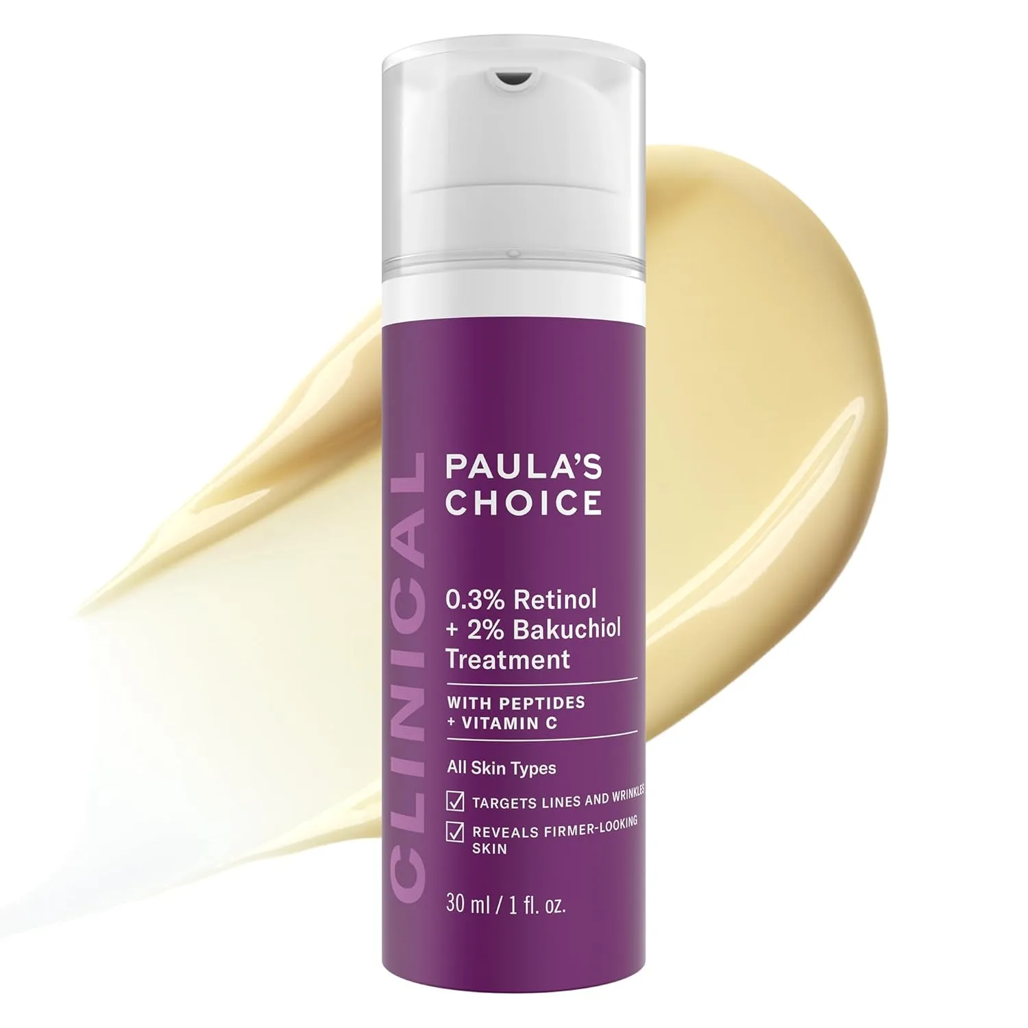 Paula's Choice CLINICAL 0.3% ретинол + 2% бакучиол сыворотка для лица, антивозрастная с церамидами, гиалуроновой кислотой, витаминами C и E, против морщин, без отдушки, 30 мл