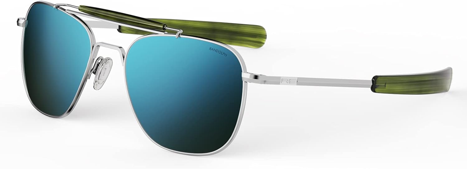 

Солнцезащитные очки-авиаторы Randolph Eyewear для мужчин и женщин – модель Aviator II (неполяризованные и поляризованные), защита от УФ-излучения с 23-каратным золотом Randolph Engineering, Bright Chrome / Cobalt