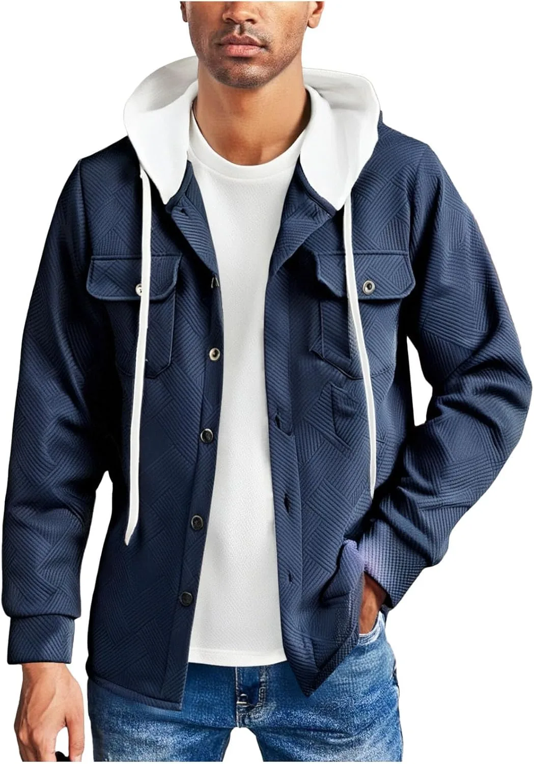 

Мужская осенняя толстовка с капюшоном на пуговицах и нагрудными карманами