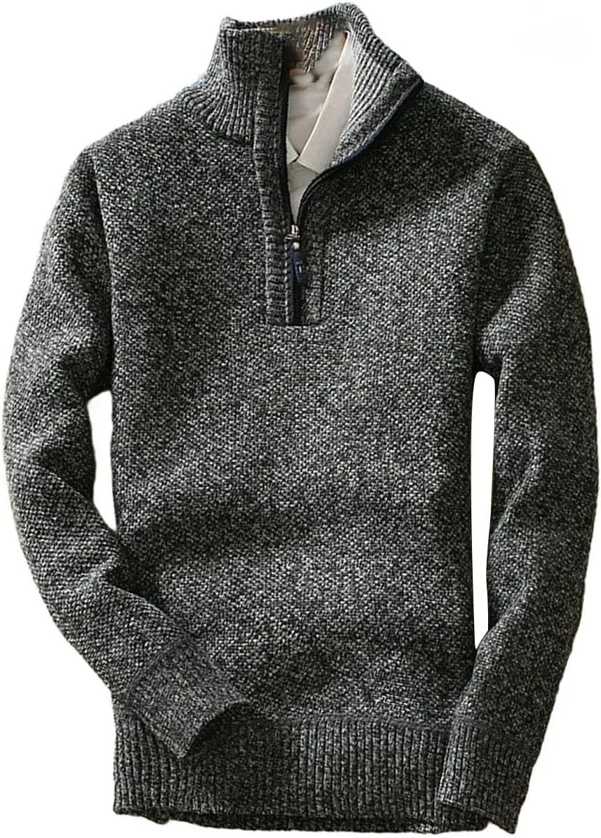 Зимний флисовый свитер мужской полузастежка водолазка теплый пуловер slim knitted wool