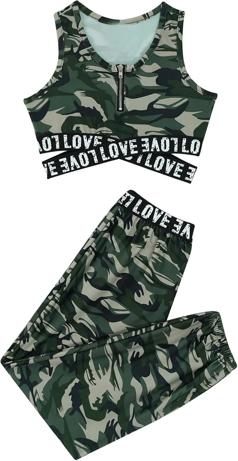 Детский спортивный костюм для девочек Mufeng топ и леггинсы, Camouflage Green — фото 3