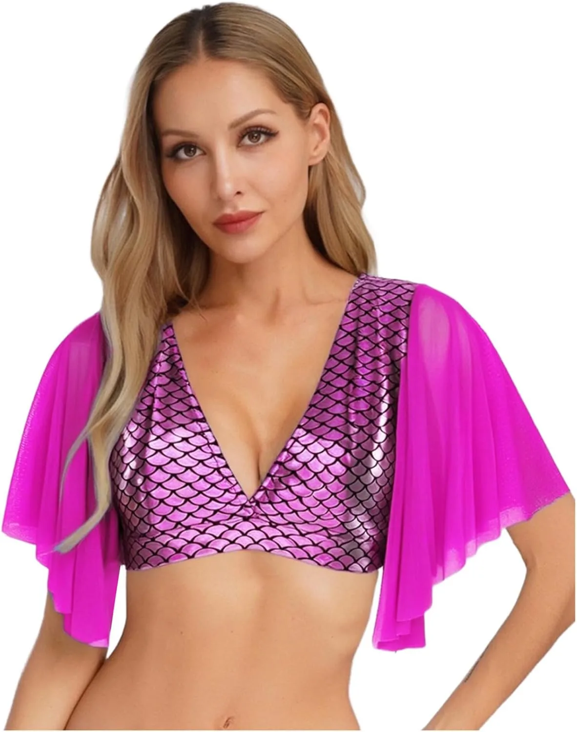 

Женский топ Vxuxlje с блестящим металлическим принтом "рыбья чешуя" и прозрачными рукавами