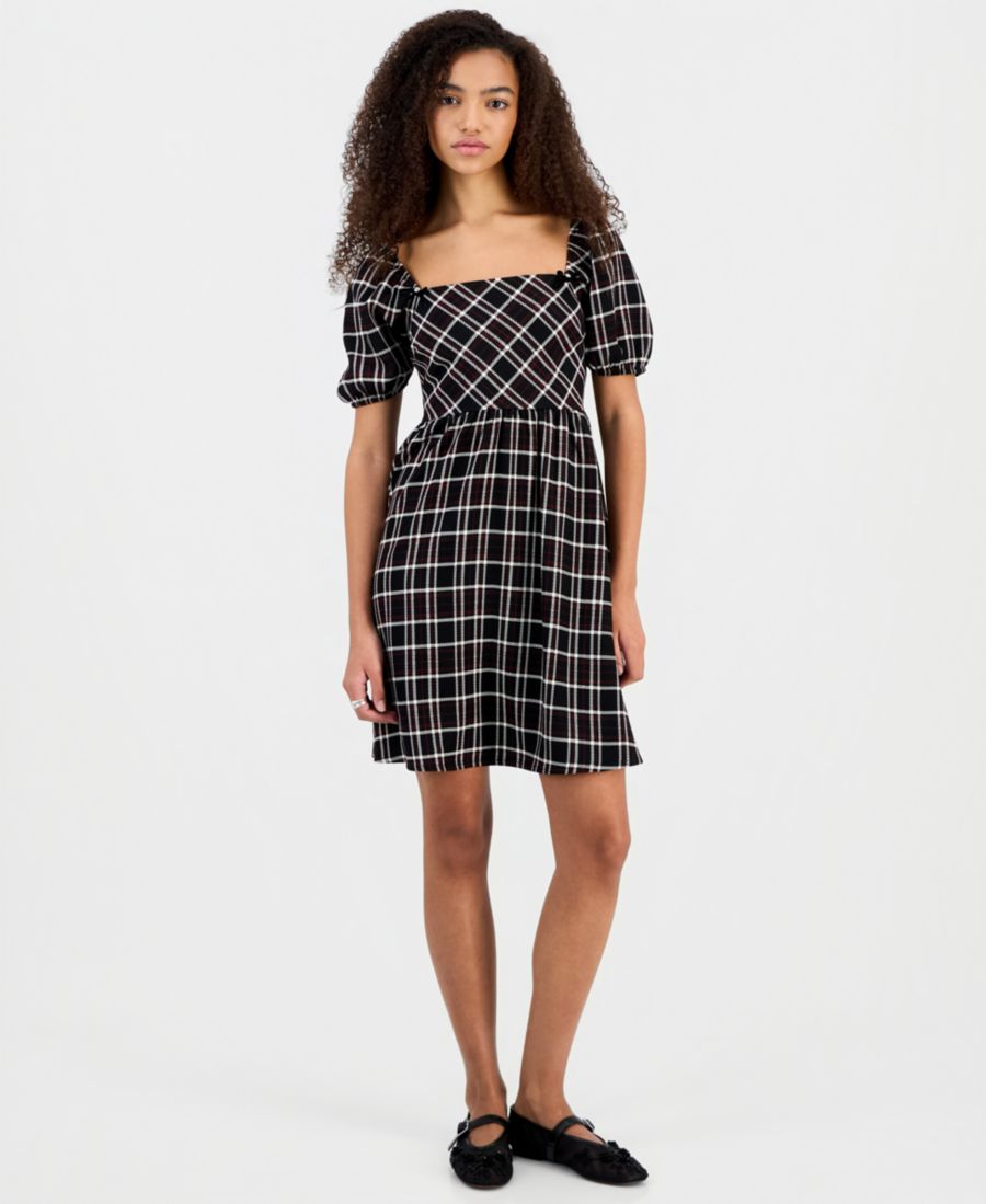 

Мини-платье с короткими рукавами и квадратным вырезом для подростков Self Esteem, Black/cabernet Plaid