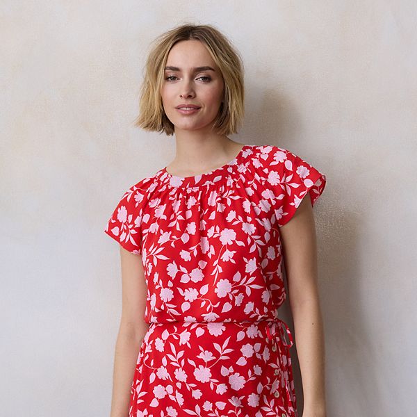 

Топ с завязкой и сборкой на горловине Petite Lc Lauren Conrad, Red Francie Floral