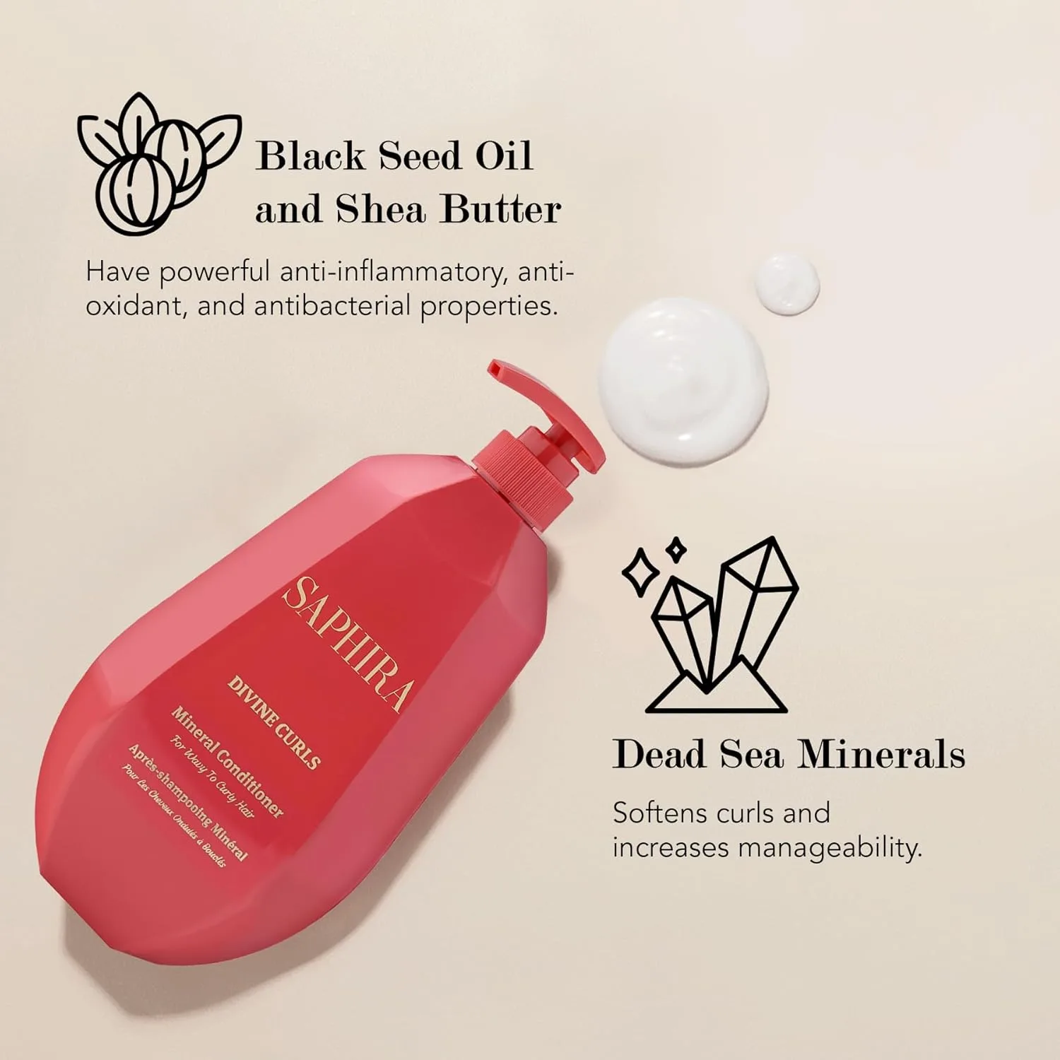 Saphira Divine Curls Mineral Conditioner с минералами Мертвого моря - кондиционер для волнистых и кудрявых волос, 1000 мл 1005 мл (1 шт.), Black — фото 4