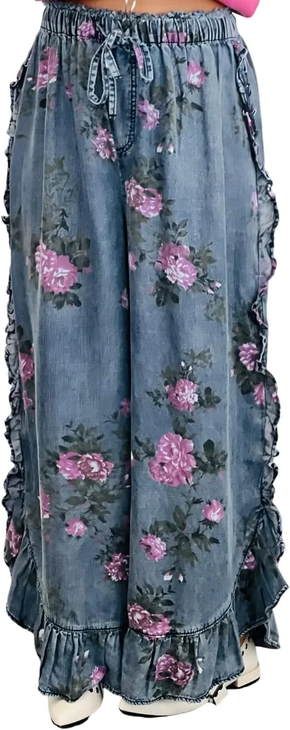 

Джинсы женские синие с цветочным принтом и рюшами Loricete