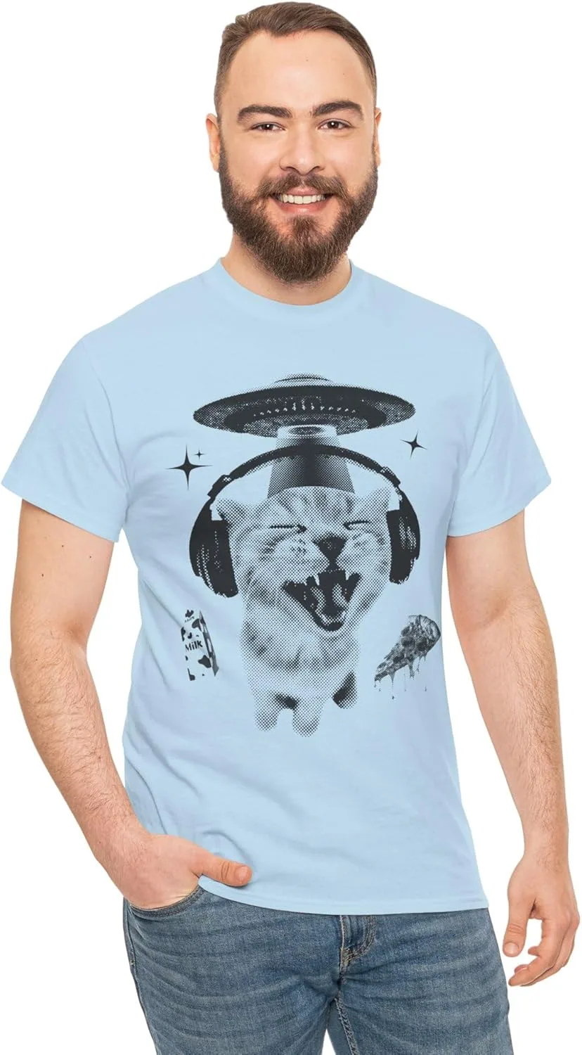 Футболка с принтом Alien Cat Meme, забавный винтажный бутлег 90-х, UFO y2k GENERIC, светло-голубой — фото 4