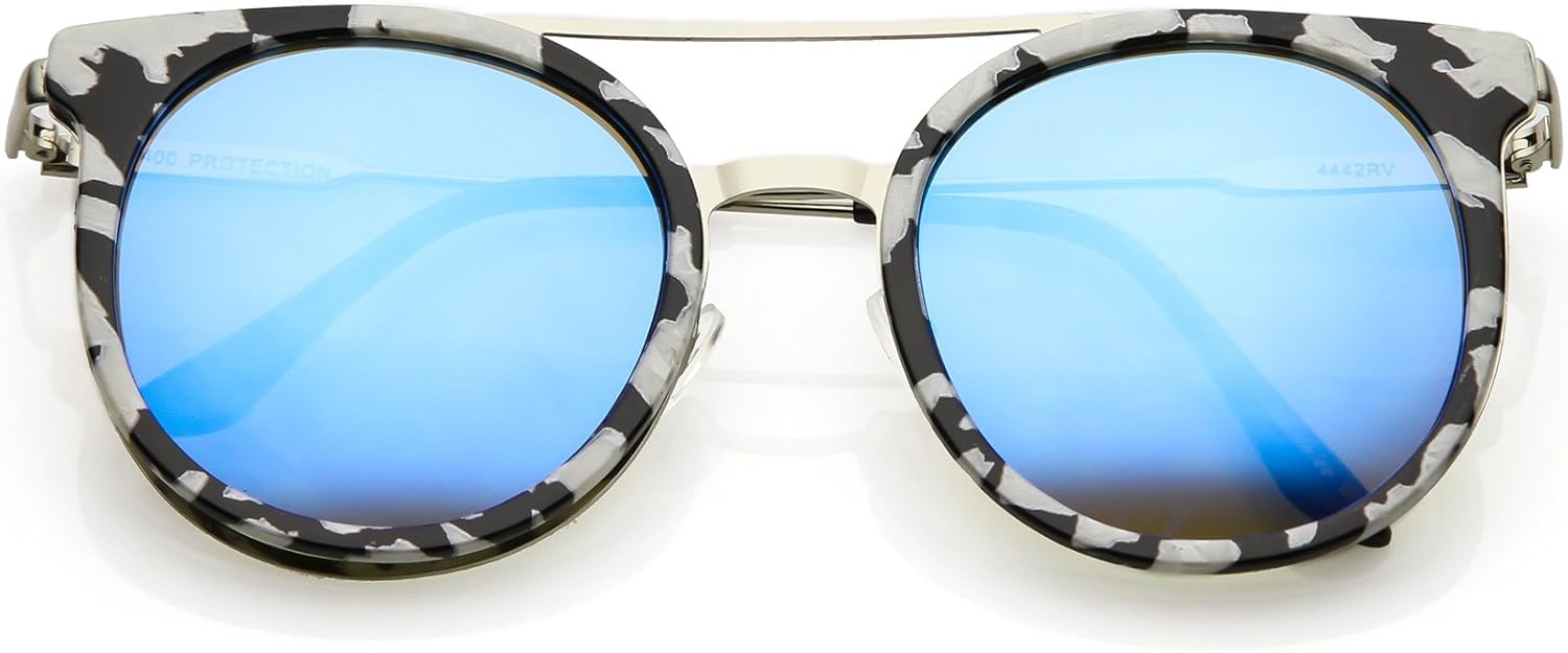 

zeroUV - Современные элегантные солнцезащитные очки с двойной переносицей, круглыми зеркальными линзами в роговой оправе, диаметром линз 51 мм, Black Silver / Blue Mirror