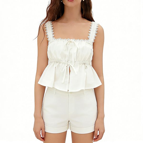 

Женская блузка с атласной отделкой и кружевом, завязывающаяся спереди, со сборкой на талии и баской Elitespirit, White