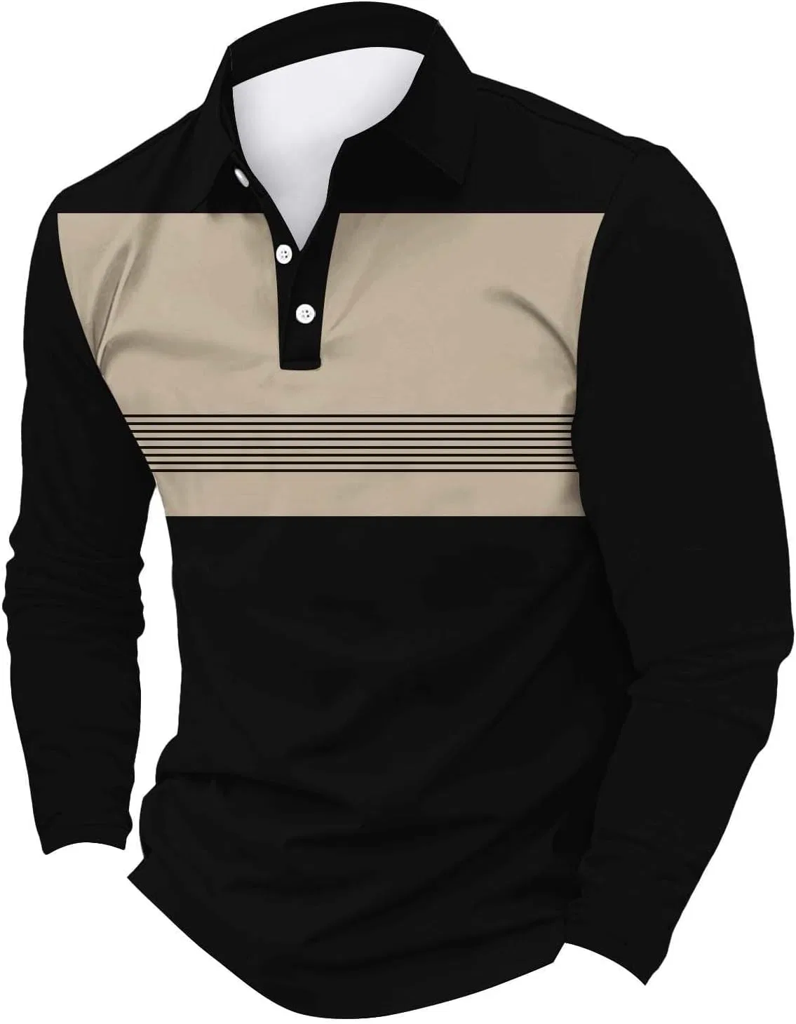 Мужское поло с цветовыми блоками и полосками, Long Sleeve, 1a-beige — фото 2