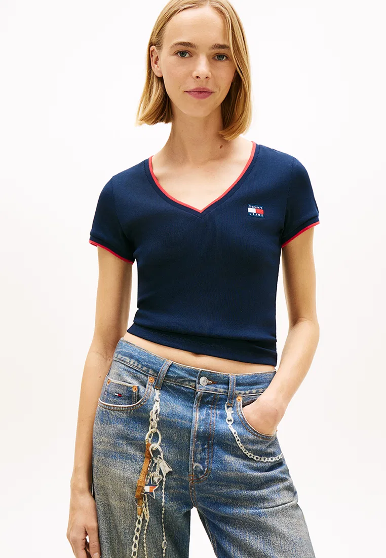 Топ с V-образным вырезом, Slim Badge, Tommy Jeans Tommy Hilfiger, темно-синий/мультиколор