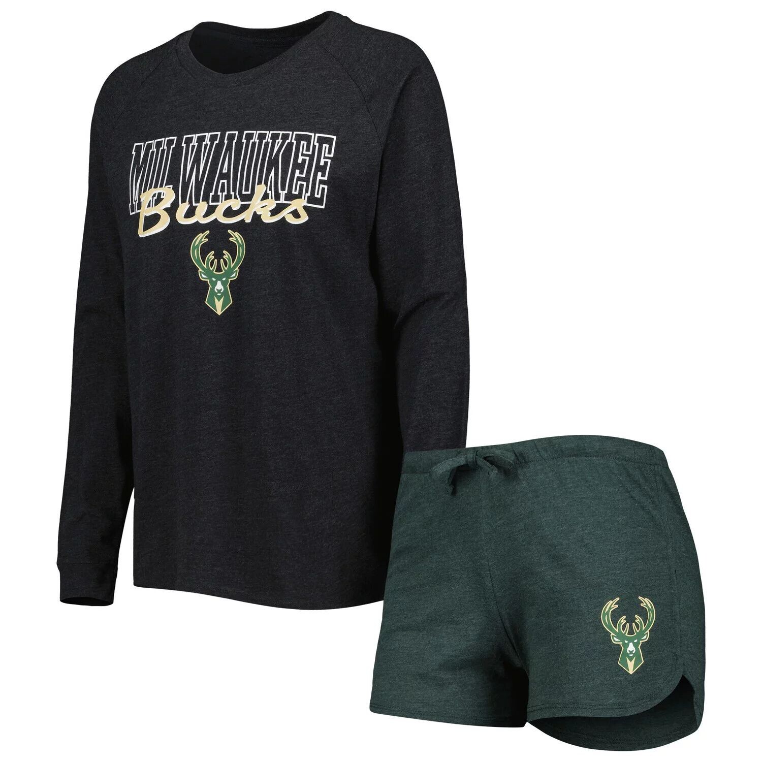 

Женский комплект Sport Heather Black/Heather Hunter Green Milwaukee Bucks Team реглан, футболка с длинными рукавами и шорты, комплект для сна