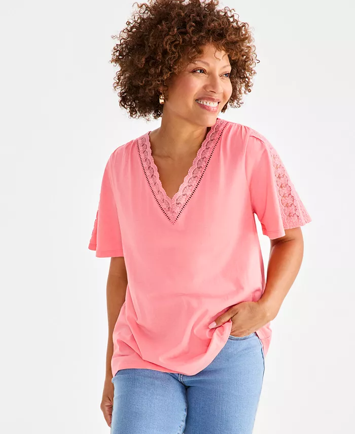 

Петитный вязаный топ с V-образным вырезом и кружевной отделкой Style & Co, розовый