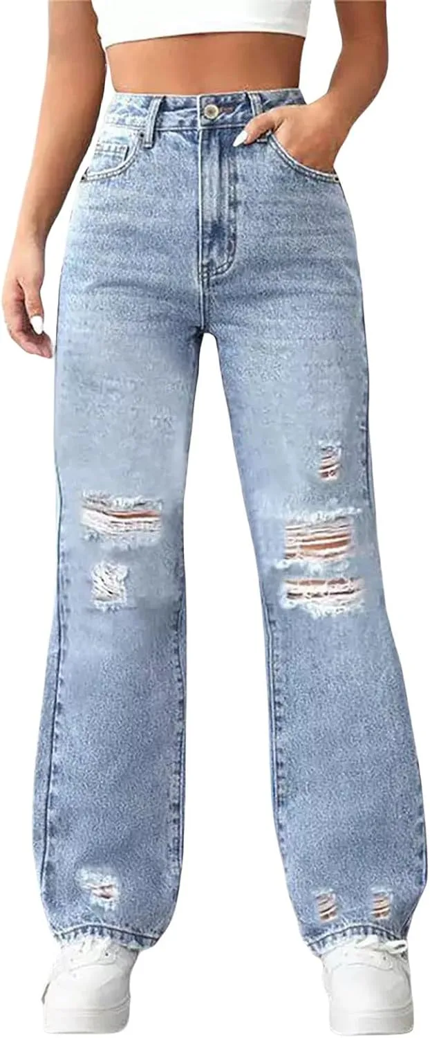 

Женские рваные джинсы с высокой талией и расклешенным силуэтом