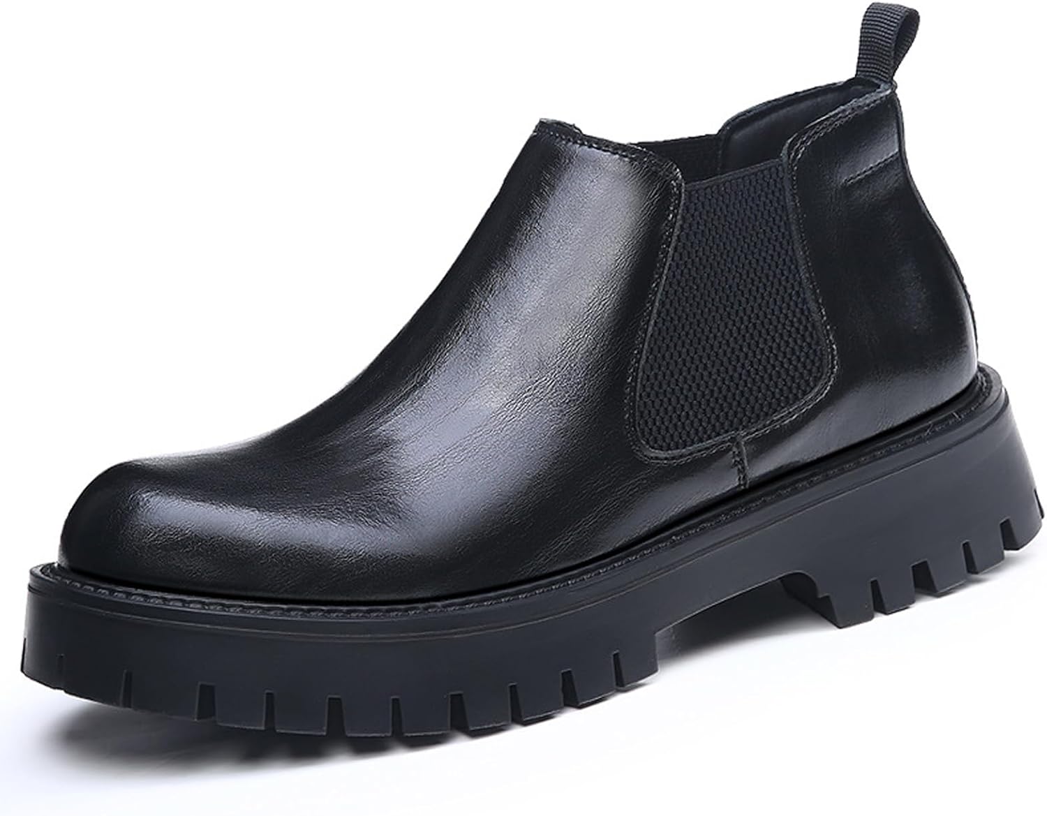 

Мужские ботинки-челси на платформе из натуральной кожи, классический круглый носок, противоскользящие, без застежки, для деловых встреч, свадеб, повседневной носки, ретро Стиль Ghibhna, черный