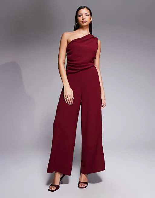 

Бордовый комбинезон на одно плечо с драпировкой ASOS DESIGN