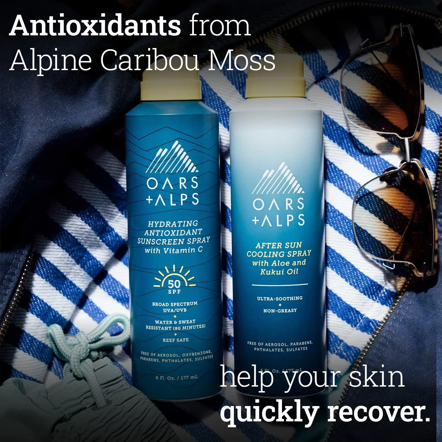 Oars + Alps After Sun Spray, спрей после загара с алоэ вера, маслом кукуи и ниацинамидом, аромат зеленого чая, охлаждает кожу, увлажняет, успокаивает, нежирный, 170 г (2 шт) 177 мл (2 шт.), GREEN — фото 4