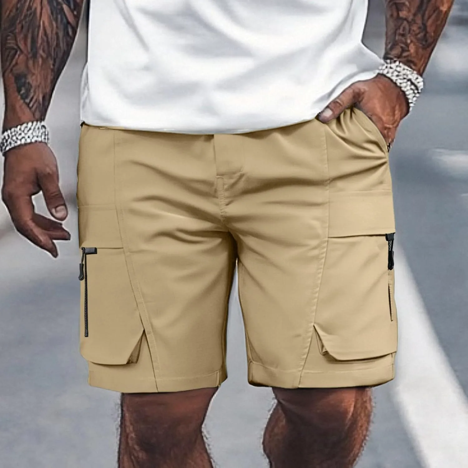 Mens Casual Shorts Lightweight Breathable Loose Fit with Drawstring Pockets for Summer Outdoor Walking Travel Generic, хаки — фото 3