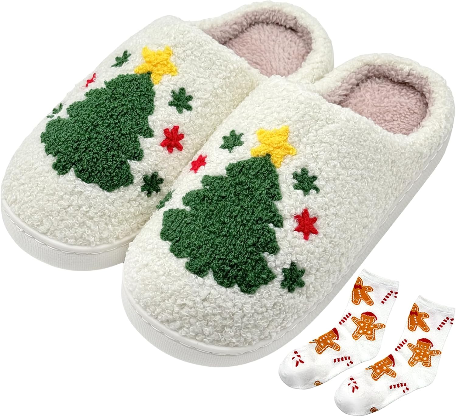 

Рождественские тапочки-северные олени для женщин, пушистые, мягкие и уютные, мультяшные плюшевые тапочки для дома и улицы Focusin, Christmas Tree